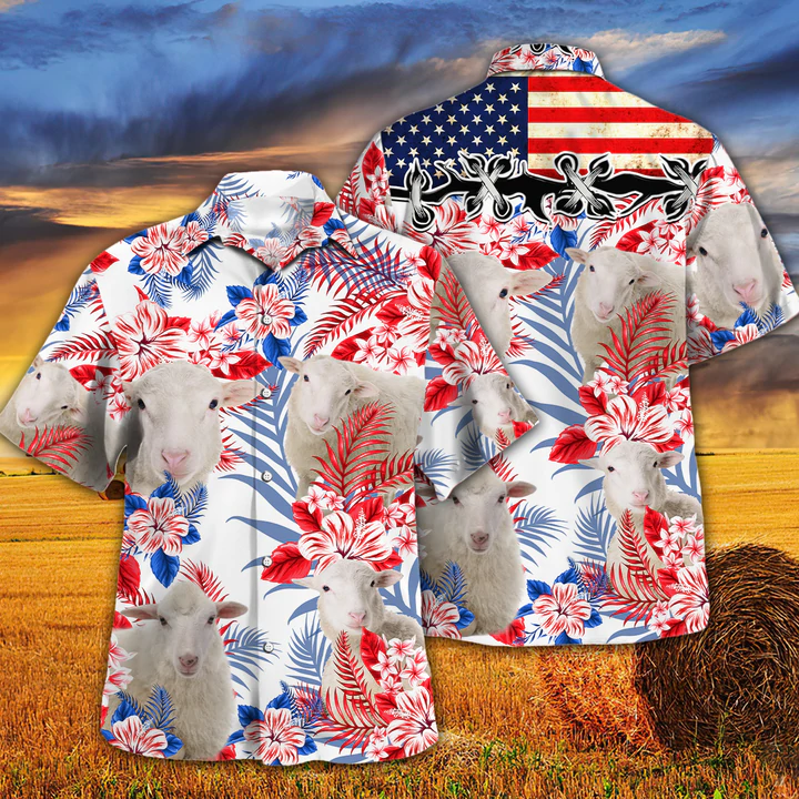 Sheep Lovers American Flag Hawaiian Shirt, Sheep Hawaiian shirt vintage flower, Hawaiian shirt men, Hawaiian shirt women HO0223