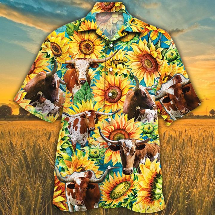 Tx Longhorn Cattle Lovers Sunflower Watercolor Hawaiian Shirt HO0586