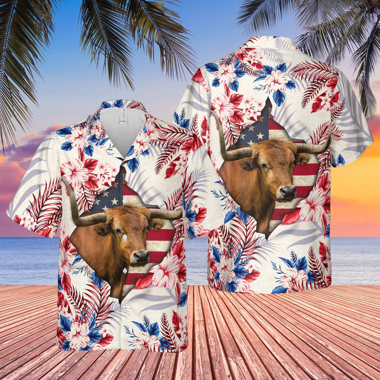 Tx-Longhorn Face Hibiscus Flower All Over Printed 3D Hawaiian Shirt HO5403