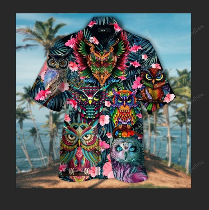 Tropical Pink Flower With Colorful Owl Design Hawaiian Shirt HO2377