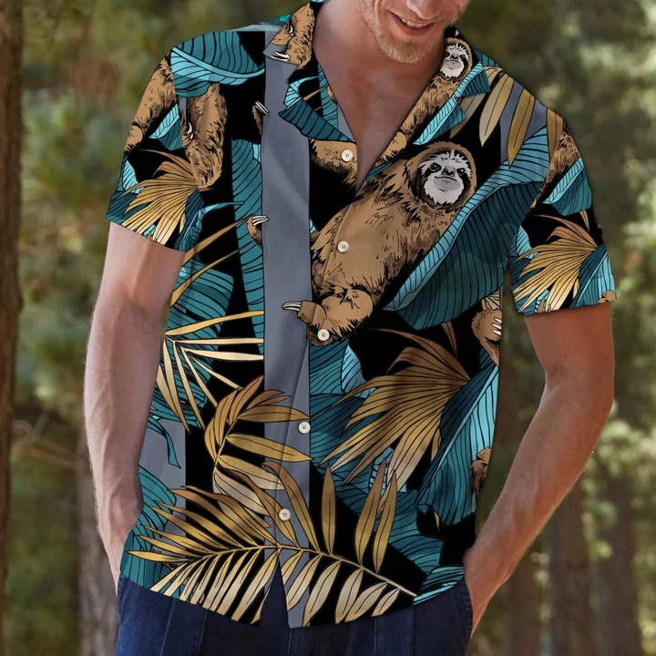 Tropical Sloth Climbing Tall Tree Pattern Hawaiian Shirt HO2106