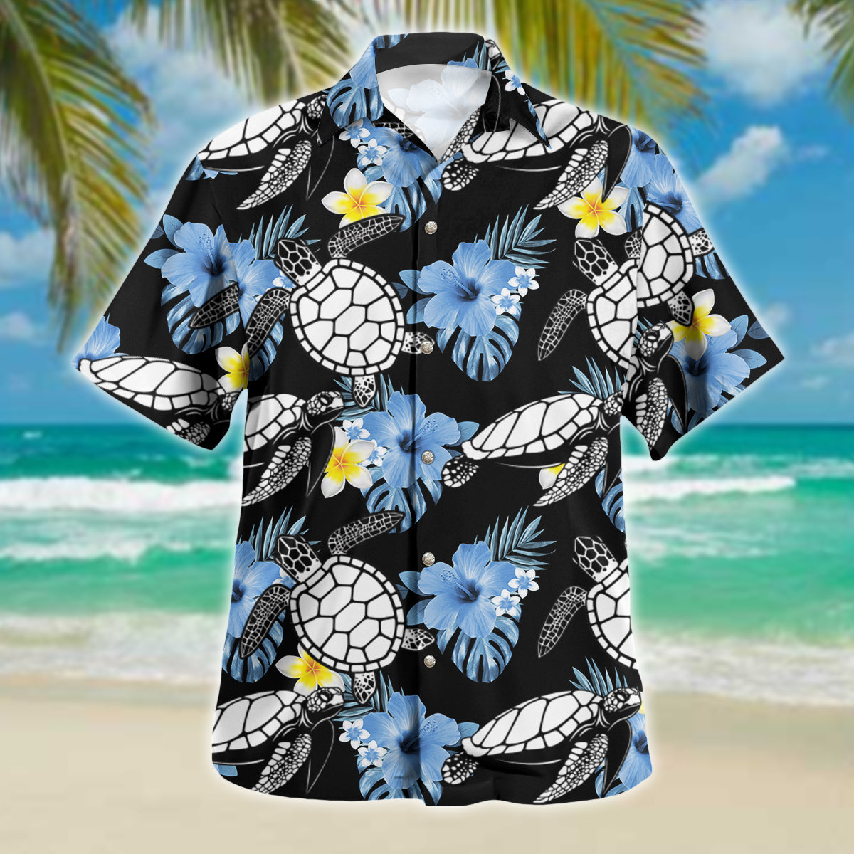 Turtle Hawaiian shirt blue hibiscus silhouette HO2461