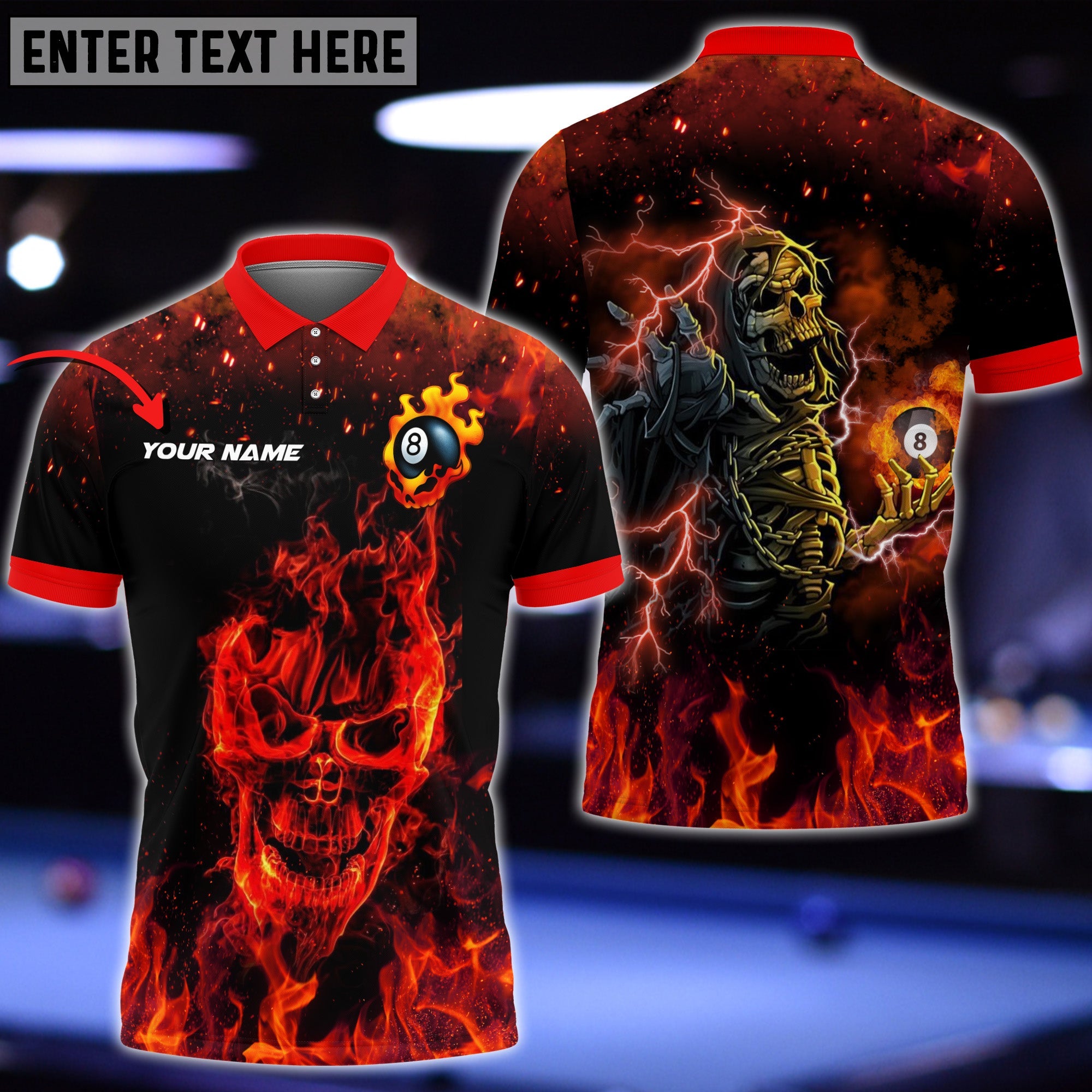 Lasfour Personalized 8 Ball Flame Billiard Black 3D Polo Shirts BIA0083