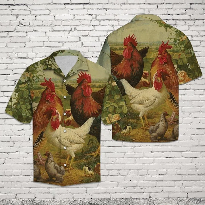 Vintage Style Chicken Farm Happy Animal Art Hawaiian Shirt HO1736