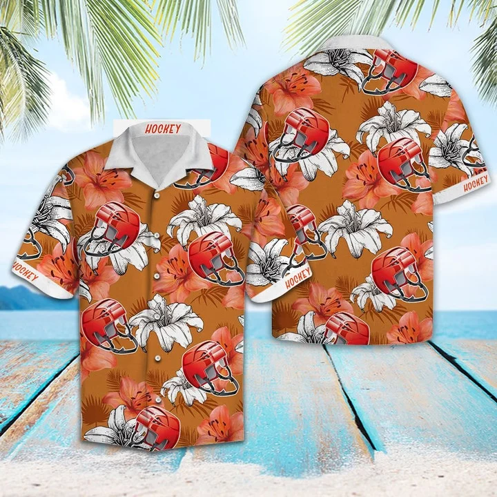 Flower Hawaiian shirt men, Vivid Flower And Hockey Helmet Gift For Hockey Lover Hawaiian Shirt HO1900
