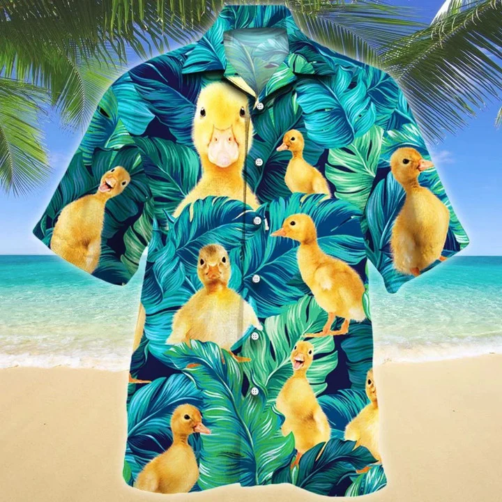 Watercolor Tropical Leaves And Duckling Lovers Design Hawaiian Shirt HO2054