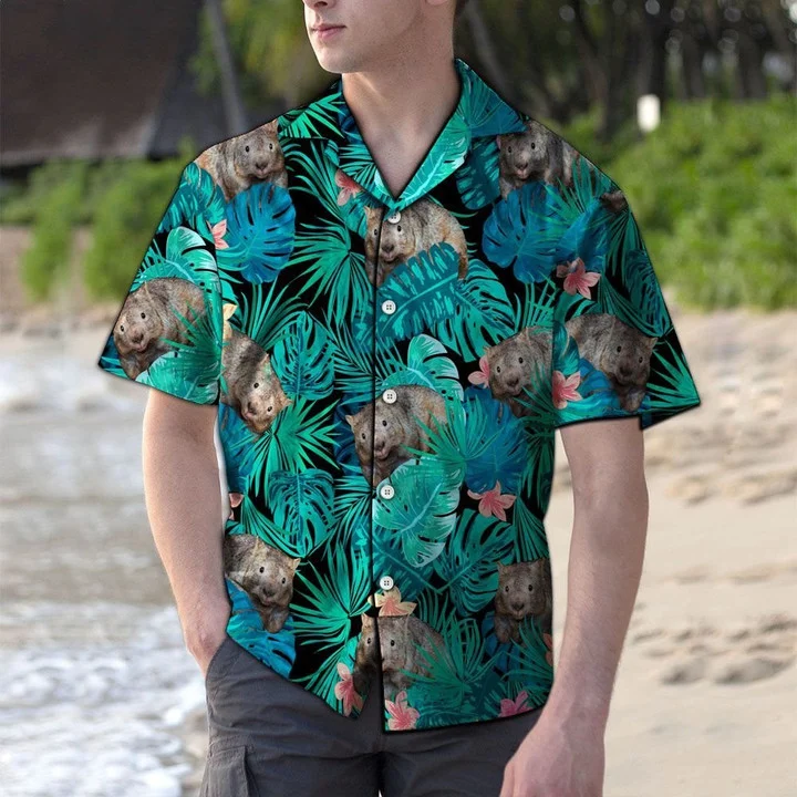 Wombat Tropical Palm Leaves And Pink Flower Pattern Hawaiian Shirt HO1924