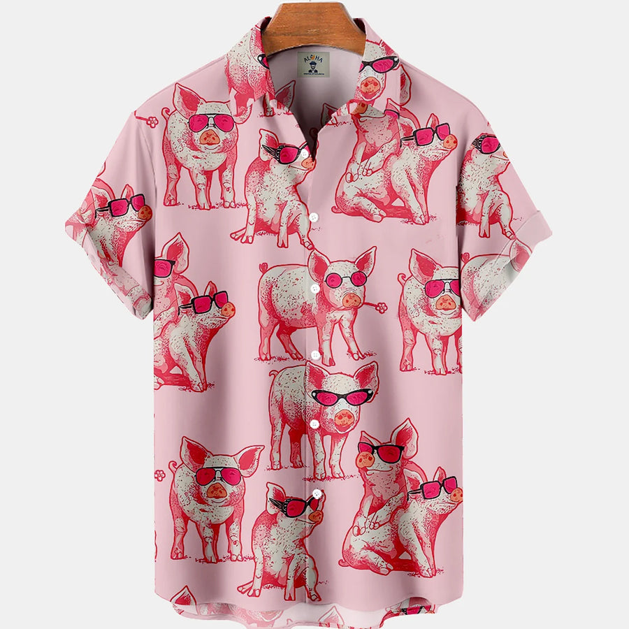 Hawaiian Funny Animal Pig Print Pocket Short Sleeve hawaiian Shirt HO0112