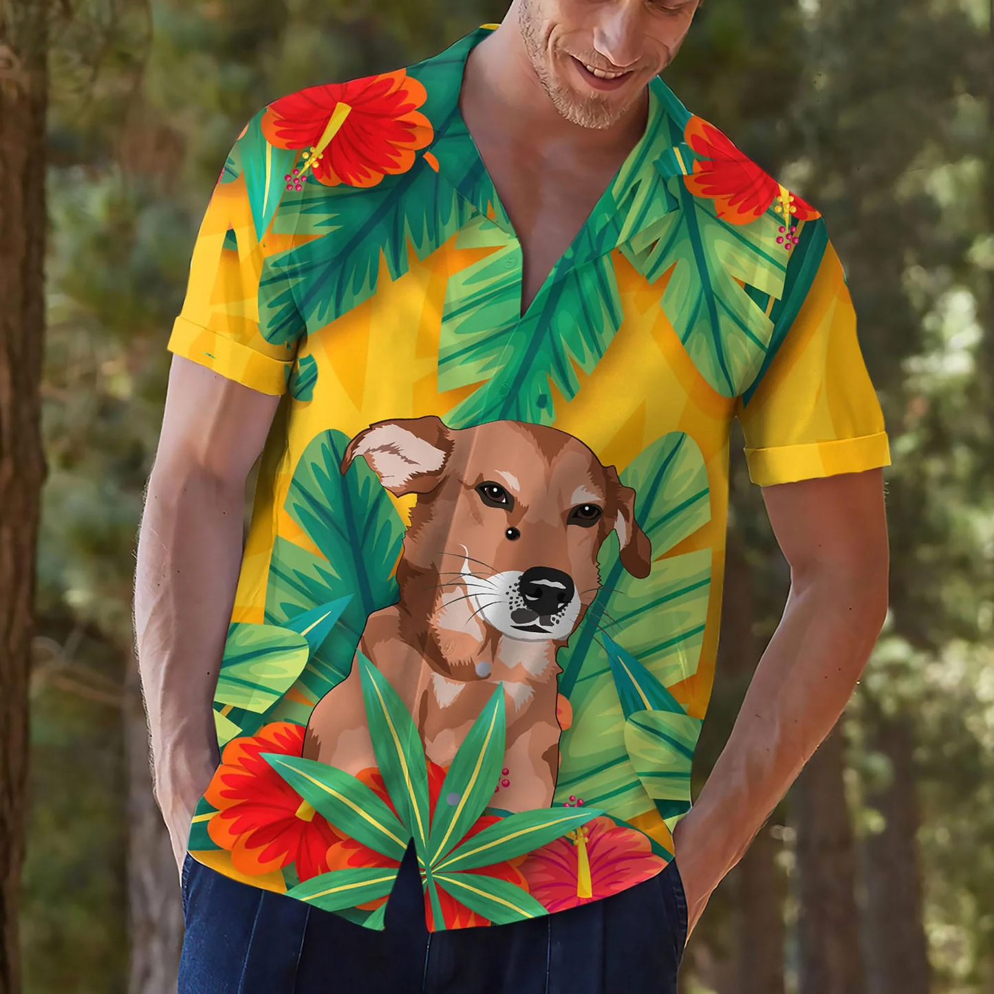 Custom Photo Dog Hawaiian Shirt, Green and Yellow Hawaii Shirt with Hand-Painted Pet Face, Tropical Print Shirts HO4328