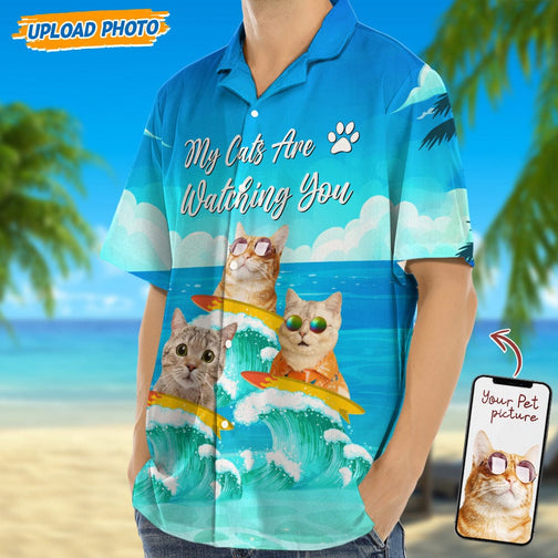 Custom Photo My Cat Is Watching You Hawaii Shirt, Perfect Shirt for Cat Lover HO3739
