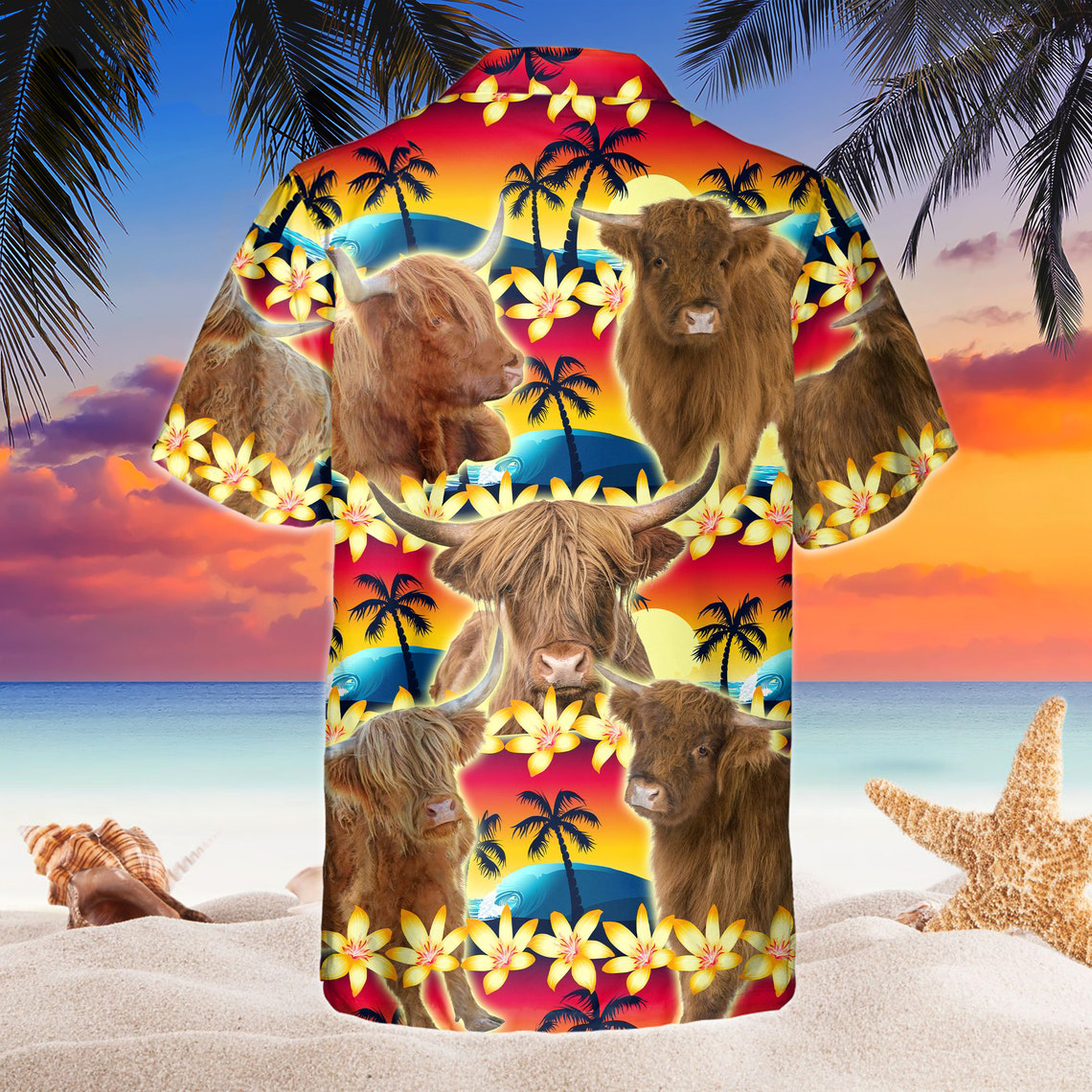 Vintage Highland Tropical Sunset Hibiscus And Palm Tree 3D Hawaiian Shirt HO5369