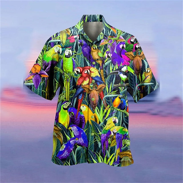 Men's Shirt Summer Hawaiian Shirt, Camp Collar Shirt Graphic Shirt Aloha Shirt, Parrot Turndown Yellow Light Green Pink Red Blue 3D Print HO3432