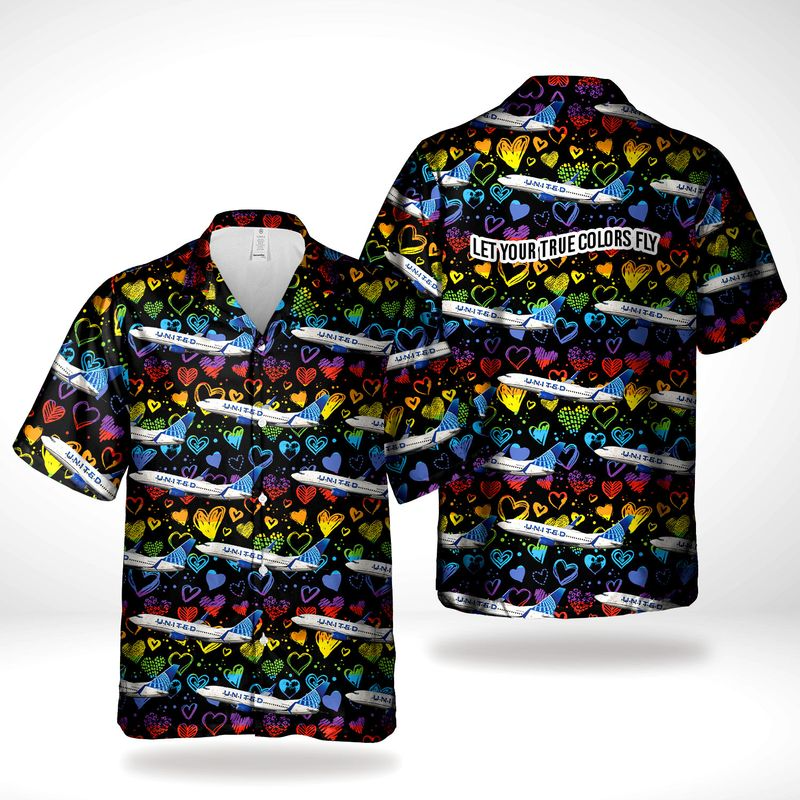 Lgbtq+ Pride Hawaiian Shirt, Let Your True Colors Fly, Heart United Airlines Boeing Hawaiian 3D Shirt HO4566
