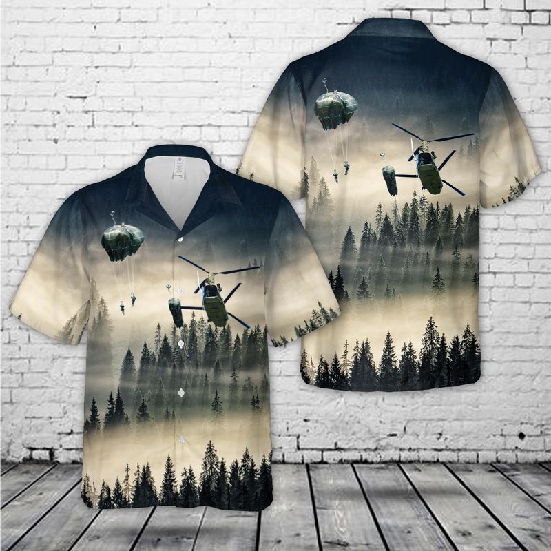 U.S. Army Paratroopers Jump Out The Back Of A CH-47 Chinook Helicopter Hawaiian Shirt HO3137