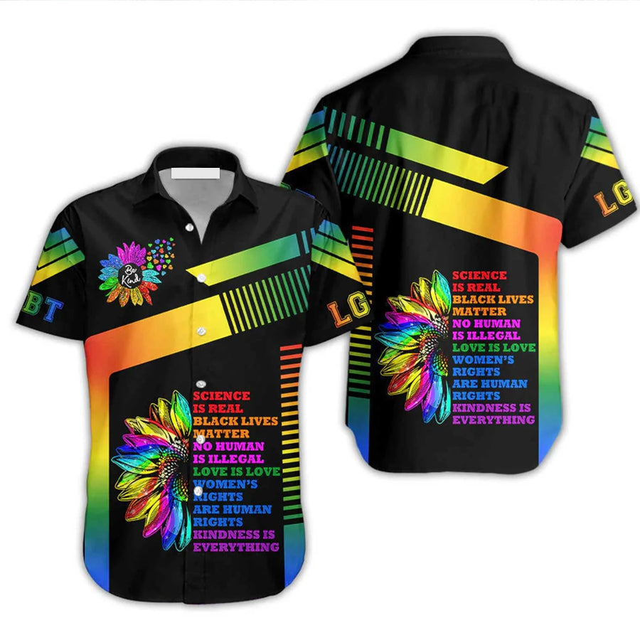 LGBT Aloha Hawaiian Shirts For Summer, Sunflower Trans Pride Be Kind Rainbow Colorful LGBT Hawaiian Shirts HO3475