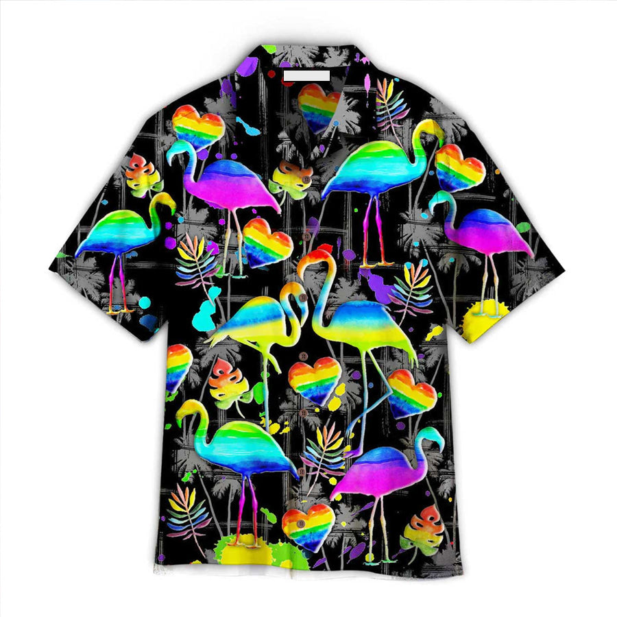 LGBT Flamingo Aloha Hawaiian Shirts For Summer, Flamingo Pride Happy LGBT Rainbow Colorful Hawaiian Shirts HO3477