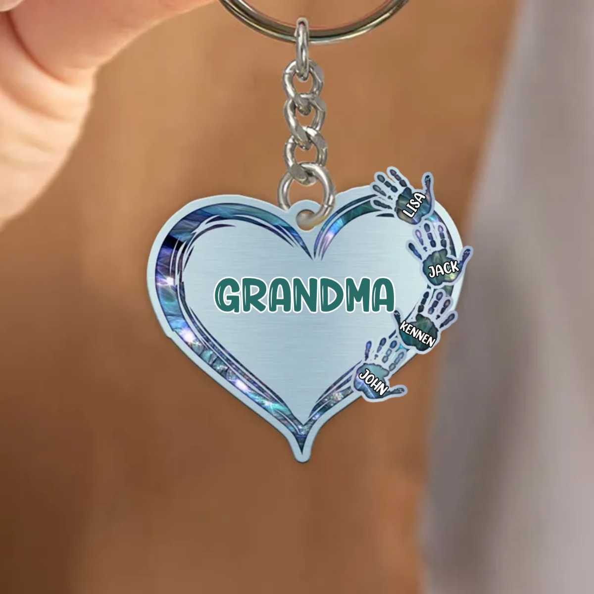 Grandma- Mom Heart Handprint Kids, Multi Colors Personalized Acrylic Keychain KO0313