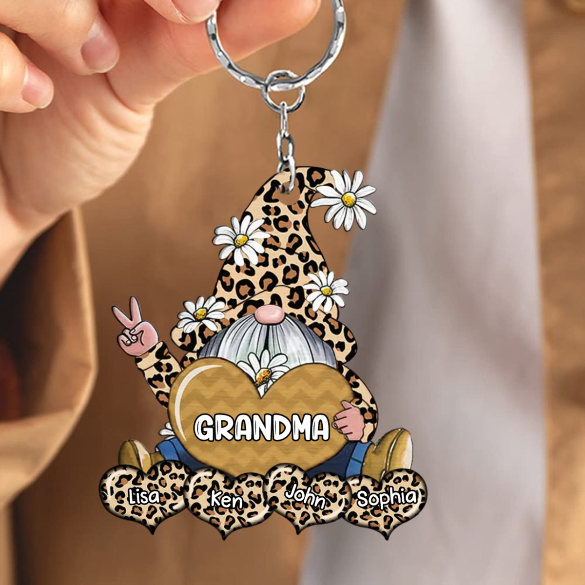 Colorful Leopard Grandma- Mom Gnome Loves Sweet Heart Kids, Mother's Day Personalized Acrylic Keychain KO0297