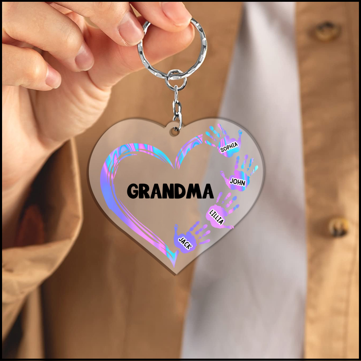 Personalized Heart Hand Print Grandma Nana Mom Acrylic Keychain KO0279
