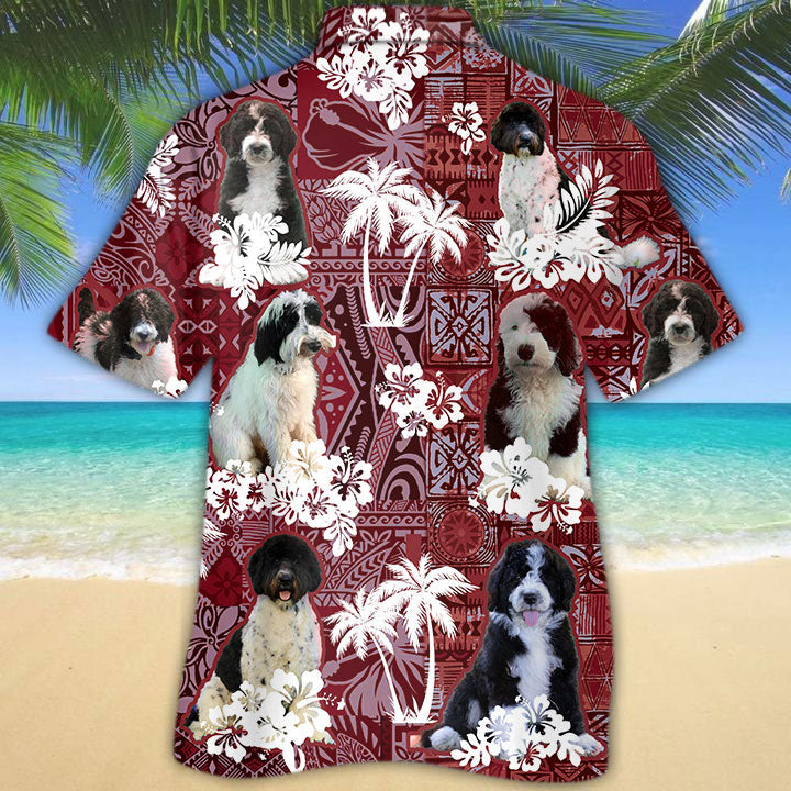 Black and White Goldendoodle Hawaiian Shirt, Hawaii Shirt With Dog And Red Tribal Pattern HO5161