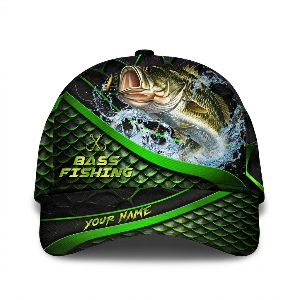 Custom Bass Fishing Baseball Cap Green And Black, Custom Name Fishing Cap For Fisherman CP0752