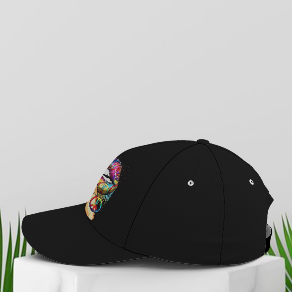 Hippie Girl Sassy Rainbow Lips Black Baseball Cap Lasfour CO0849