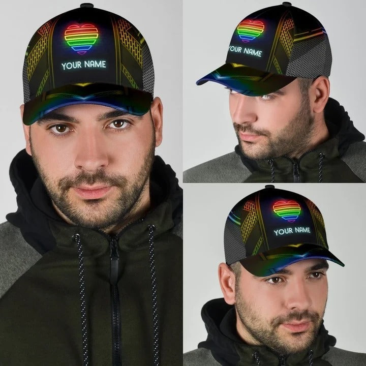 Custom Name Colorful Heart Pride Cap For Couple Gay Man, Be Strong Lgbt Printing Baseball Cap Hat CO0245