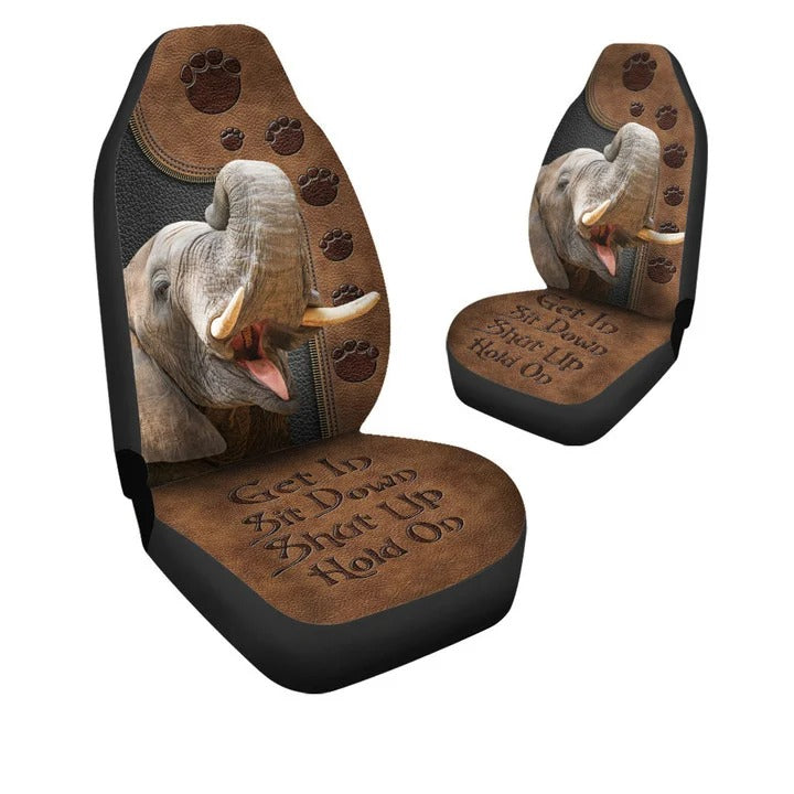 3D All Over Printed Elephant Car Seat Cover Brown Leather Pattern, Shut Up Hold On Seat Cover SO0058