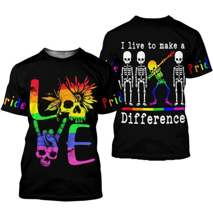 3D All Over Printed Lgbt Shirt For Pride Skull Pride Love Is Love 3D Tee Shirt, I Live To Make A Difference T Shirt 3D LO0952