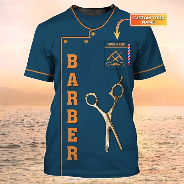 Personalized 3D All Over Print Barber Navy Shirt, Barber Logo Sublimation On Tshirt, Gift For Barber Shop TO2036