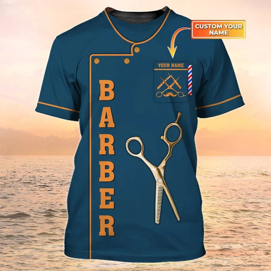 Personalized 3D All Over Print Barber Navy Shirt, Barber Logo Sublimation On Tshirt, Gift For Barber Shop TO2036