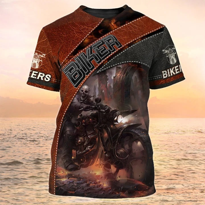3D Print Biker Shirt Leather Pattern, Skull Biker Tshirt Gifts For Men TO2544