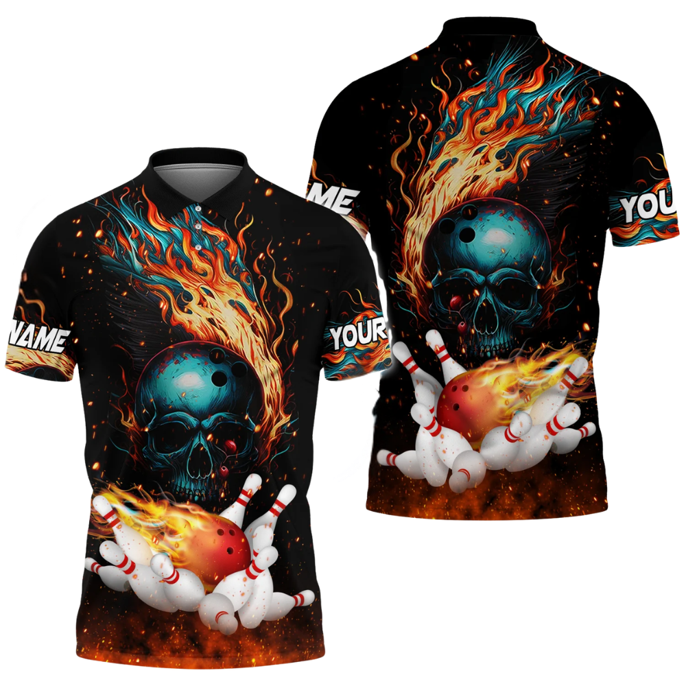 Custom Flaming Skull Bowling Polo Shirt For Men, Custom Skull Flame Bowling Team Shirts BZ0465