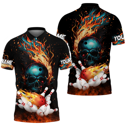 Custom Flaming Skull Bowling Polo Shirt For Men, Custom Skull Flame Bowling Team Shirts BZ0465