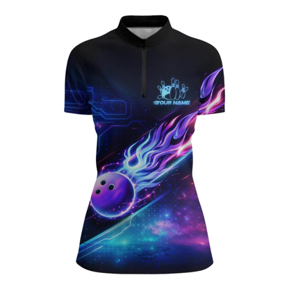 Custom Neon Purple Flame Women's Bowling Jersey, Custom Flame Ladies Bowling Shirts BZ0537