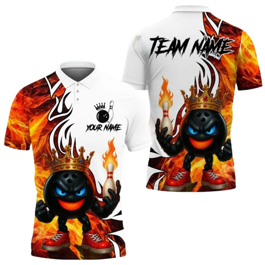 Custom King Flame Ball Bowling Men's Polo Shirt, Custom Flame Bowling Shirts For Team BE0128