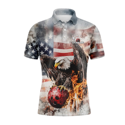Eagle Flaming Ball Custom American Flag Bowling Mens Polo Shirt, Custom Patriotic Eagle Bowling Team Shirts BZ0489
