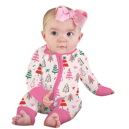 Christmas Tree Pink Baby Girl Convertible Zippy Romper, Christmas Baby Romper Convertible BB0915