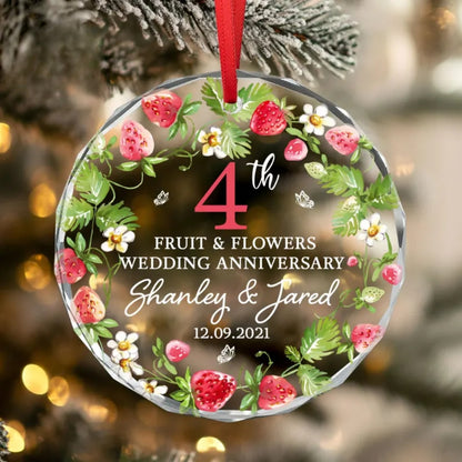 Personalized 4th Wedding Anniversary Fruit And Flowers Glass Ornament, Personalized 4 Year Anniversary Ornament WD0017
