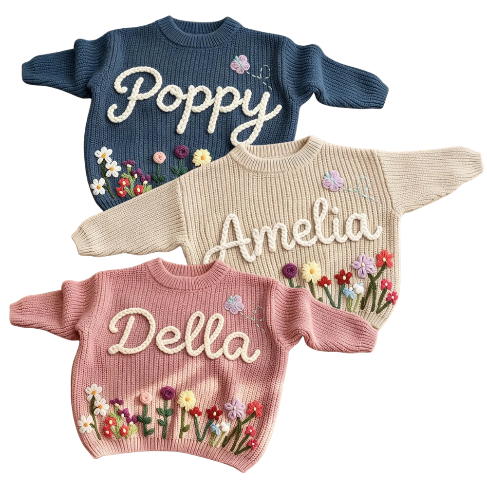 Custom Wildflower Baby Embroidered Knit Sweater, Custom Floral Baby Sweatshirt BB0798
