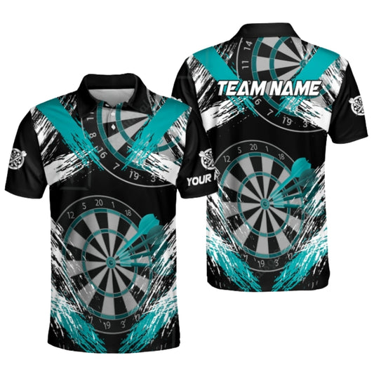 Custom Team Dartboard Black Cyan Dart Polo Shirt For Men, Custom Darts Team Shirts DZ0091