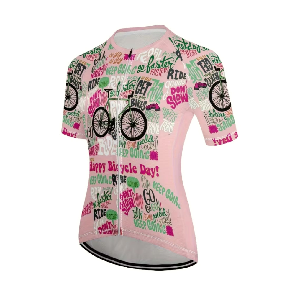 Happy Bicycle Day Don't Slow Womens Pink Cycling Short Sleeve Jersey, Funny Cycle Jersey For Womens CE0017