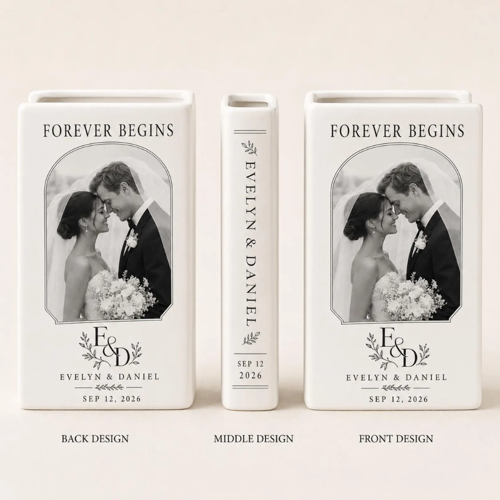 Forever Begins Custom Photo Wedding Ceramic Book Vase, Custom Wedding Book Vase With Photo WD0553