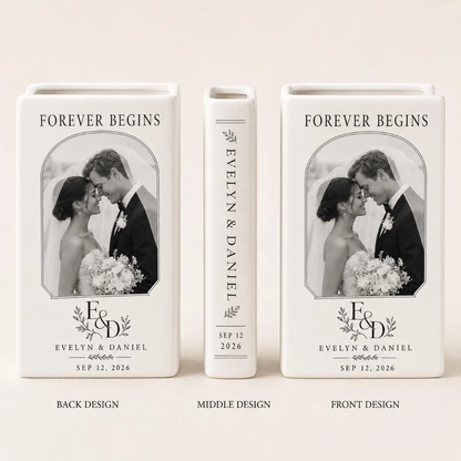 Forever Begins Custom Photo Wedding Ceramic Book Vase, Custom Wedding Book Vase With Photo WD0553