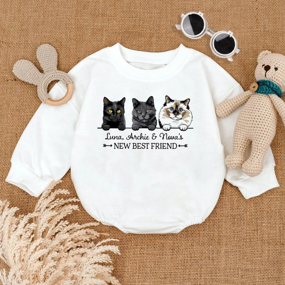 Custom Cat Name New Best Friend Baby Romper Sweatshirt, Personalized Cat Lover Baby Romper Sweatshirt BB0147