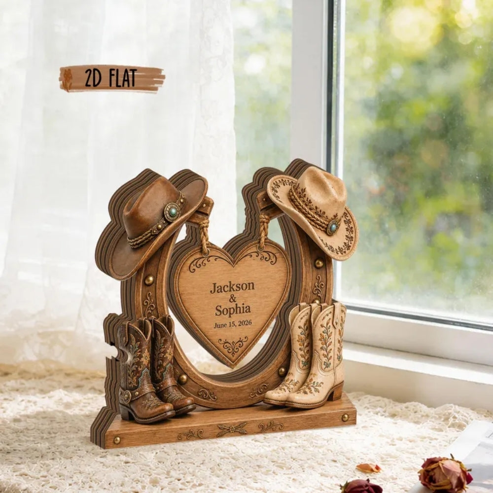 Custom Cowboy Couple Horseshoe Layer Wooden Plaque, Personalized Western Wedding Wooden Block WD0950