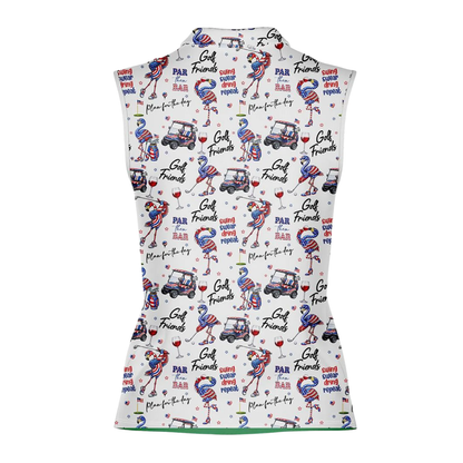 Flamingo American Flag Women's Sleeveless Golf Shirt, Flamingo 4th Of July Golf Shirts GE0518