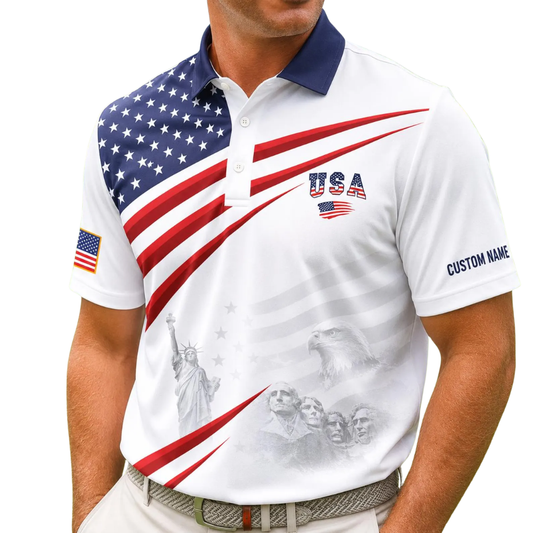 Custom USA Flag Golf Polo Shirt For Men, Custom Fourth Of July Patriotic Golf Shirts GE0531