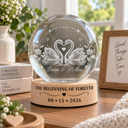 The Beginning Of Forever Custom Swan Couple Crystal Ball Led Night Light, Custom Wedding Anniversary Night Light WD0898