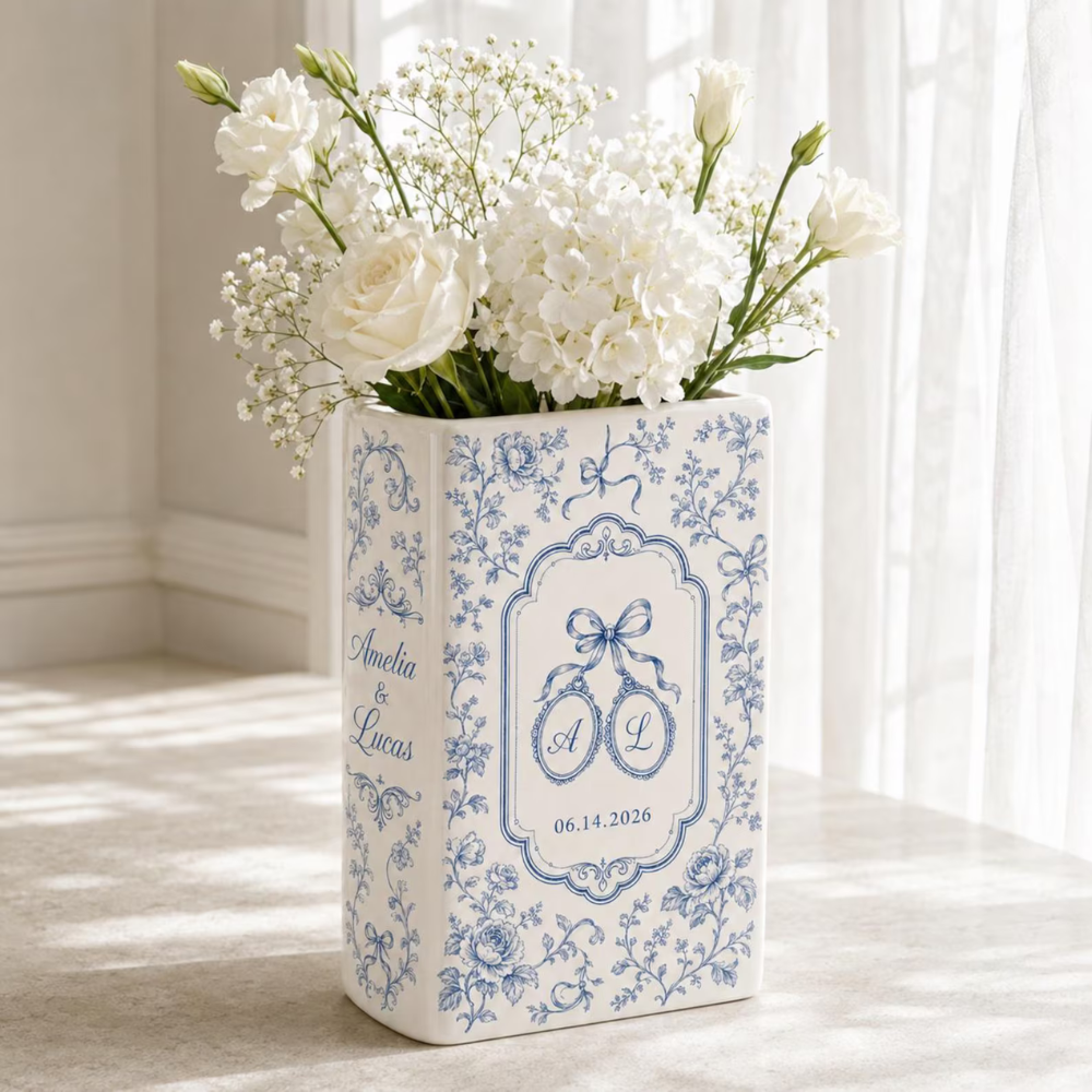 Custom Couple Monogram Initials Name Blue Floral Coquette Ceramic Book Vase, Custom Wedding Engagement Anniversary Book Vase WD0554